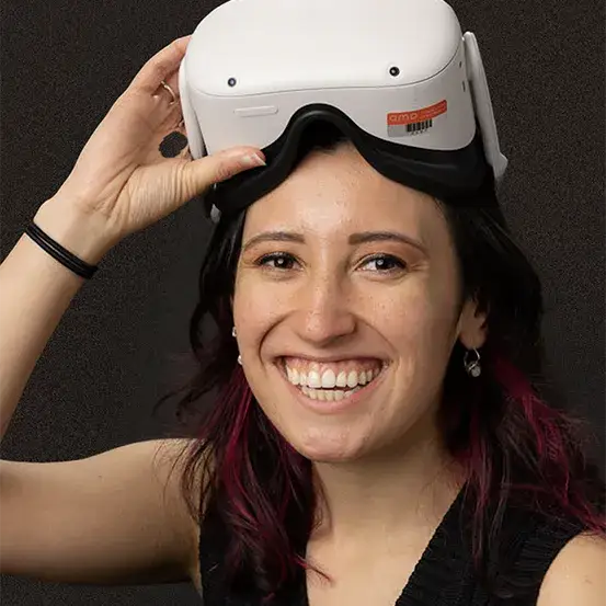 Portrait of Elena Piech wearing a VR headset – Woman of the Future Emerging Tech